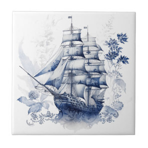 Blue and white Delft style sailing ship in the sea Ceramic Tile