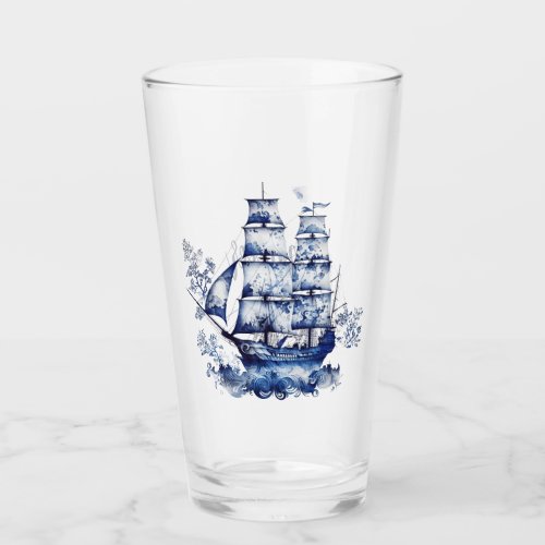 Blue and white Delft style sailing ship in the sea Glass