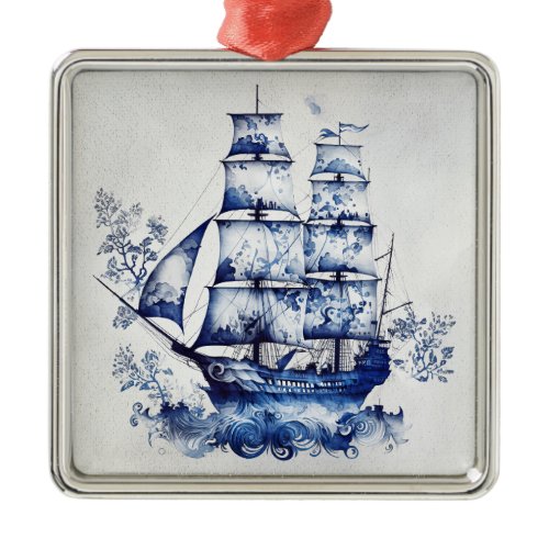 Blue and white Delft style sailing ship in the sea Metal Ornament
