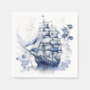 Blue and white Delft style sailing ship in the sea Napkins