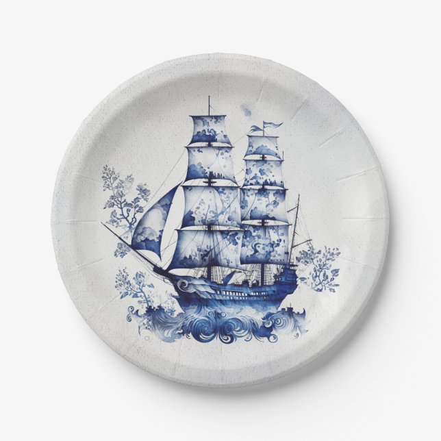 Blue and white Delft style sailing ship in the sea Paper Plates (Front)