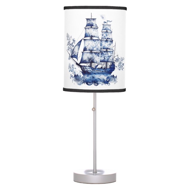Blue and white Delft style sailing ship in the sea Table Lamp (Front)