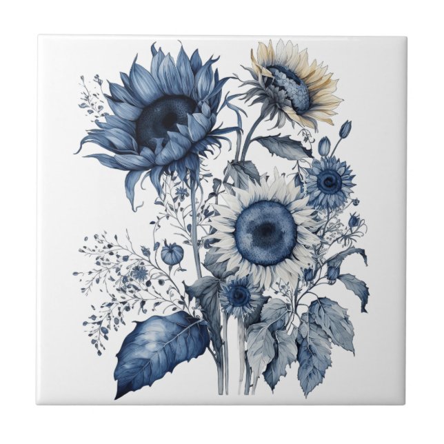 Blue and white Delft style sunflowers bouquet  Ceramic Tile (Front)