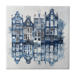 Blue and white Delft style traditional houses Ceramic Tile