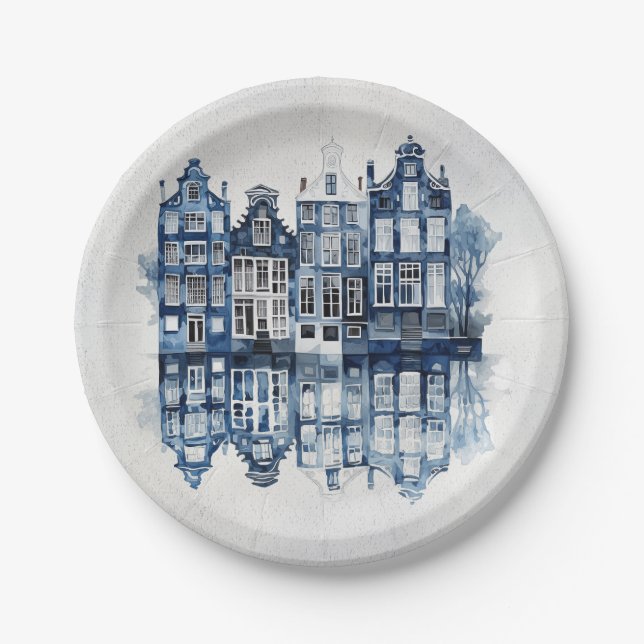 Blue and white Delft style traditional houses Paper Plates (Front)