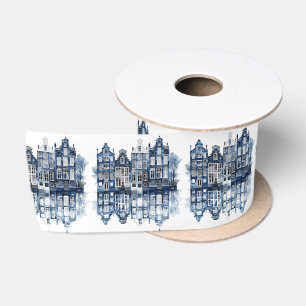 Blue and white Delft style traditional houses Satin Ribbon