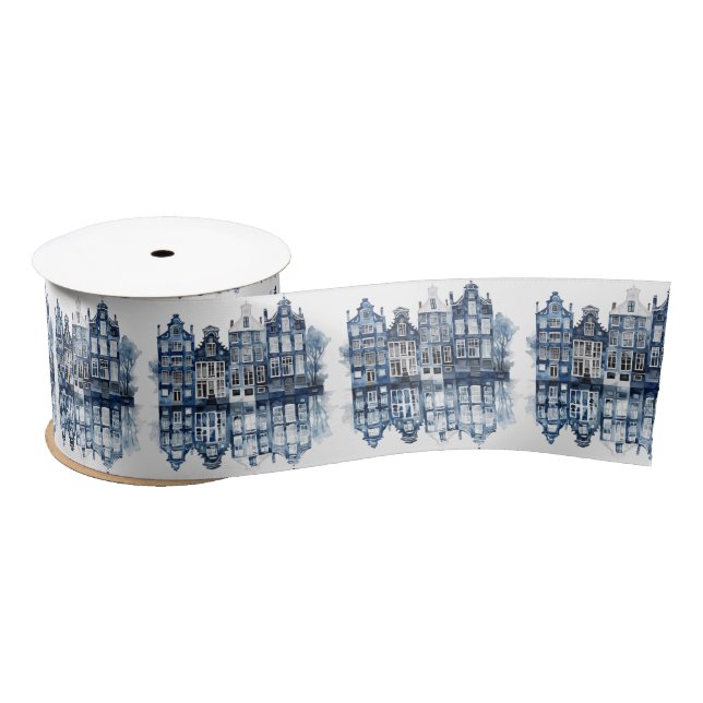 Blue and white Delft style traditional houses Satin Ribbon (Spool)