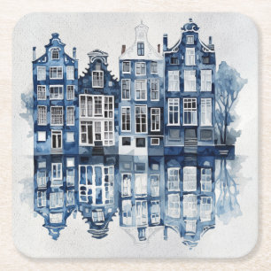 Blue and white Delft style traditional houses Square Paper Coaster