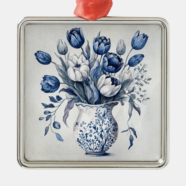 Blue and white Delft style tulip bouquet design Metal Ornament (Front)