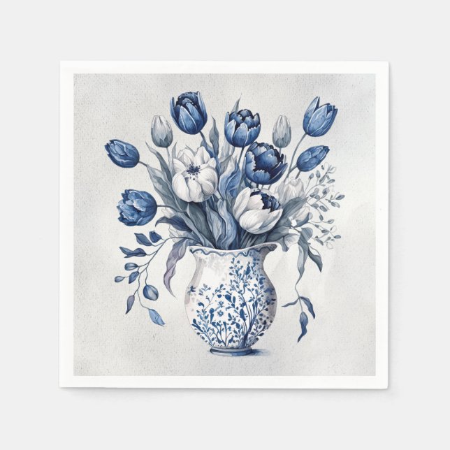 Blue and white Delft style tulip bouquet design Napkins (Front)