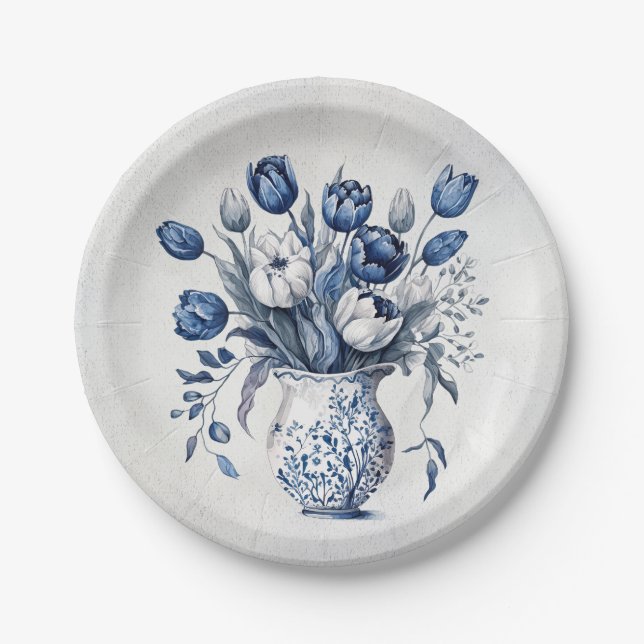 Blue and white Delft style tulip bouquet design Paper Plates (Front)