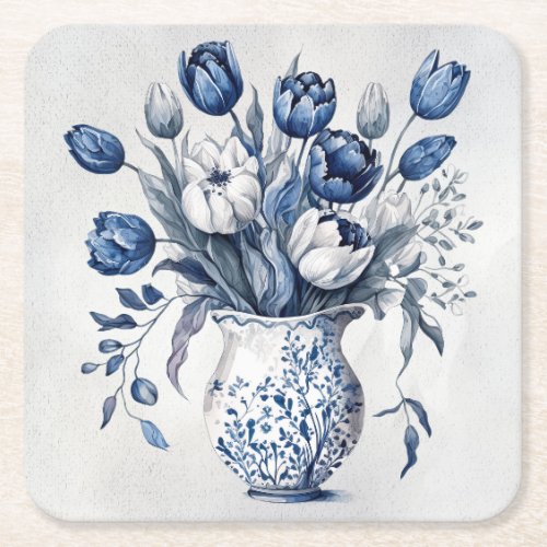 Blue and white Delft style tulip bouquet design Square Paper Coaster