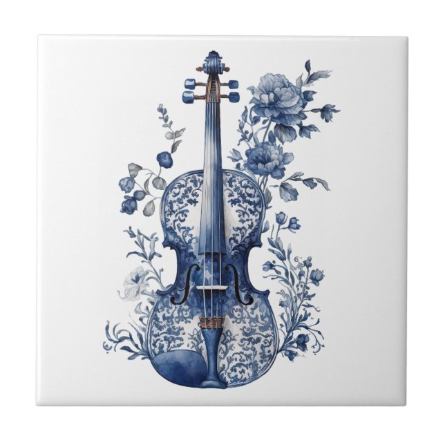 Blue and white Delft style violin with flowers Ceramic Tile (Front)