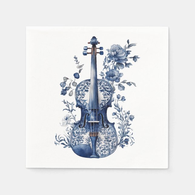 Blue and white Delft style violin with flowers Napkins (Front)