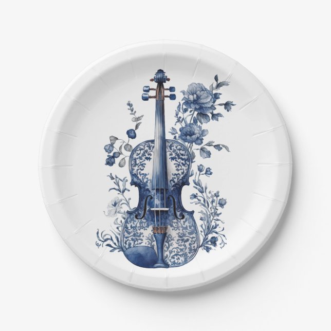 Blue and white Delft style violin with flowers Paper Plates (Front)