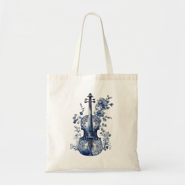 Blue and white Delft style violin with flowers Tote Bag (Front)