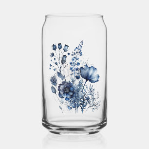 Blue and white Delft style wildflowers bouquet Can Glass