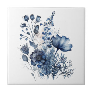 Blue and white Delft style wildflowers bouquet Ceramic Tile