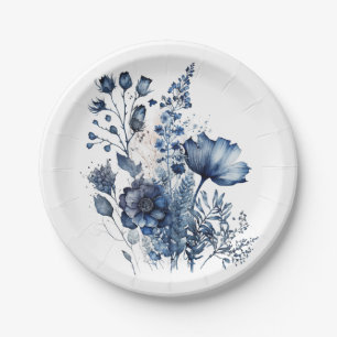 Blue and white Delft style wildflowers bouquet Paper Plates