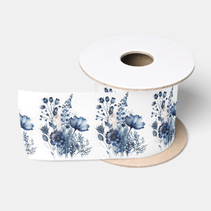 Blue and white Delft style wildflowers bouquet Satin Ribbon