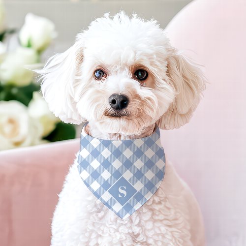 Blue And White Diagonal Buffalo Plaid Monogram Pet Bandana Collar