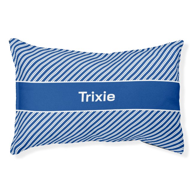 Blue and White Diagonal Stripe Personalized Pet Bed (Front)