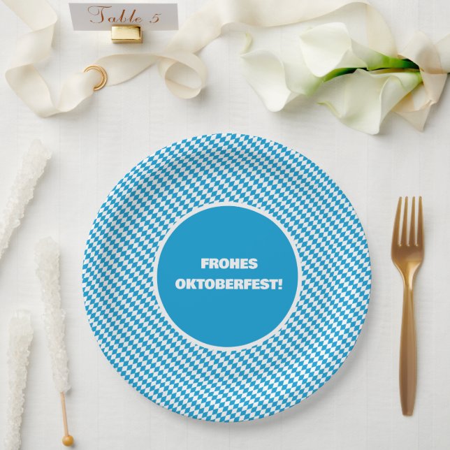 Blue and White Diamond Lozenge Pattern Oktoberfest Paper Plates (Wedding)