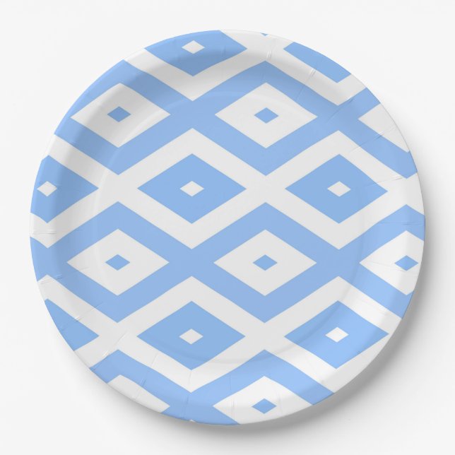Blue and white diamond pattern paper plates (Front)