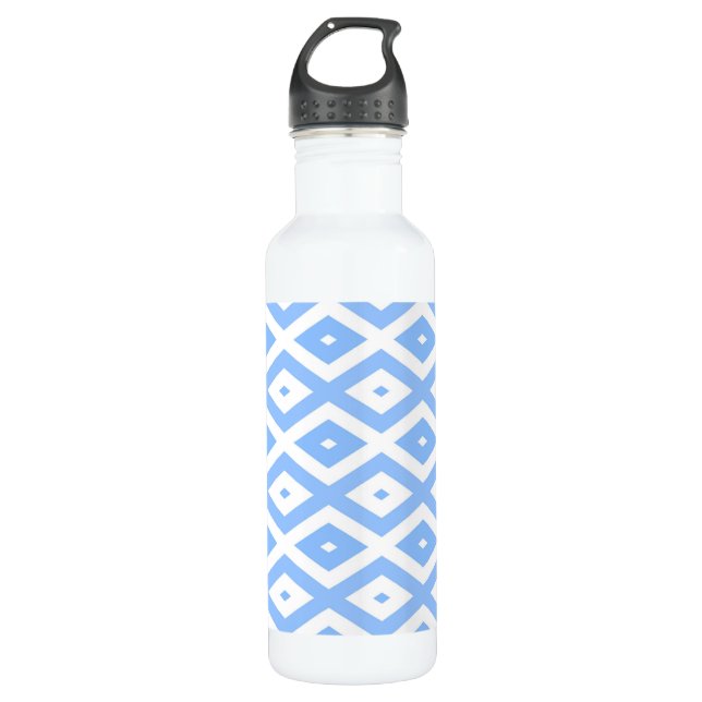 Blue and white diamond pattern stainless steel water bottle (Front)