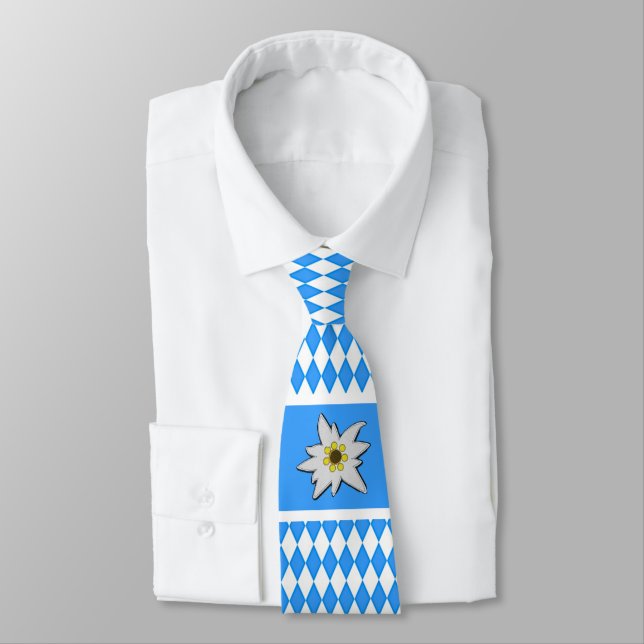 Blue and White Diamond Pattern with Edelweiss Neck Tie (Tied)