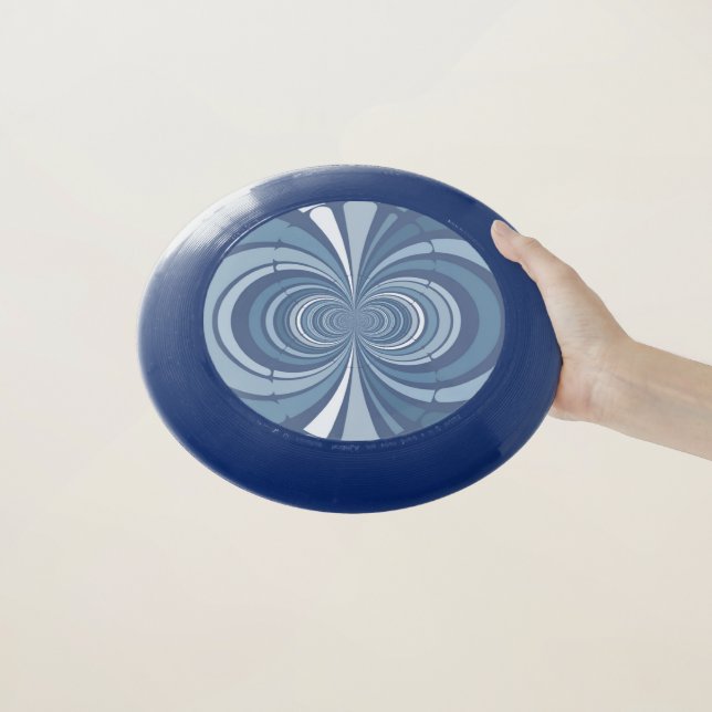Blue and White Dimensions Wham-O Frisbee (In Hand)