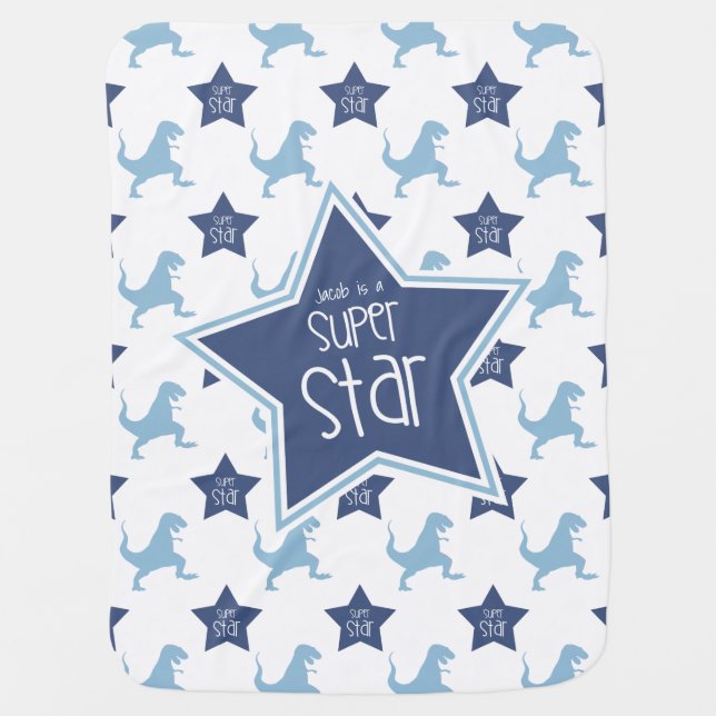 Blue and White Dinosaur Superstar Baby Blanket (Front)