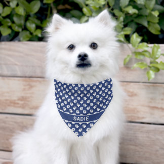 Blue And White Dog Paw Pattern And Custom Pet Name Pet Bandana Collar