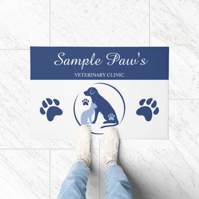 Blue And White Dog With Cat Logo Veterinary Clinic Doormat (Indoor)