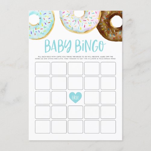 Blue and White Donuts Baby Shower Bingo Game Card