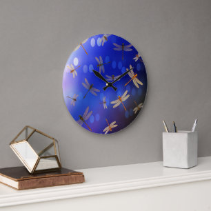 Blue And White Dragon Fly Pattern, Large Clock