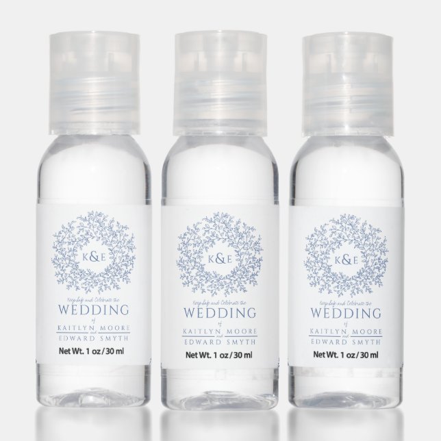 Blue and white drawn leaf monogram art wedding hand sanitizer (Set)
