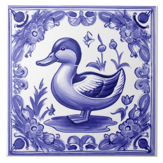 Blue and White Duck European Folk Animal Art Ceramic Tile (Front)