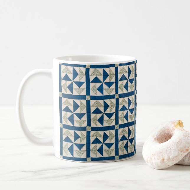 Blue and White Dutchman's Puzzle Patchwork Quilt Coffee Mug (With Donut)