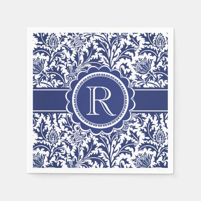 Blue and White Elegance William Morris Monogram Paper Napkins (Front)