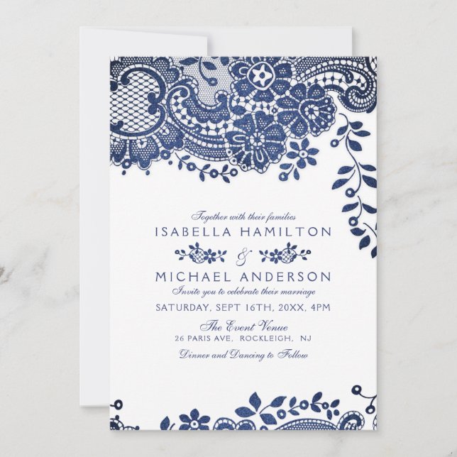 Blue and white elegant vintage lace wedding invitation (Front)