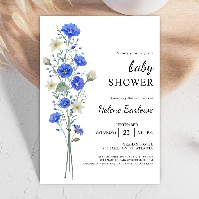 Blue And White Elegant Wildflower Baby Shower Invitation (Blue And White Elegant Wildflower Baby Shower Invitation)