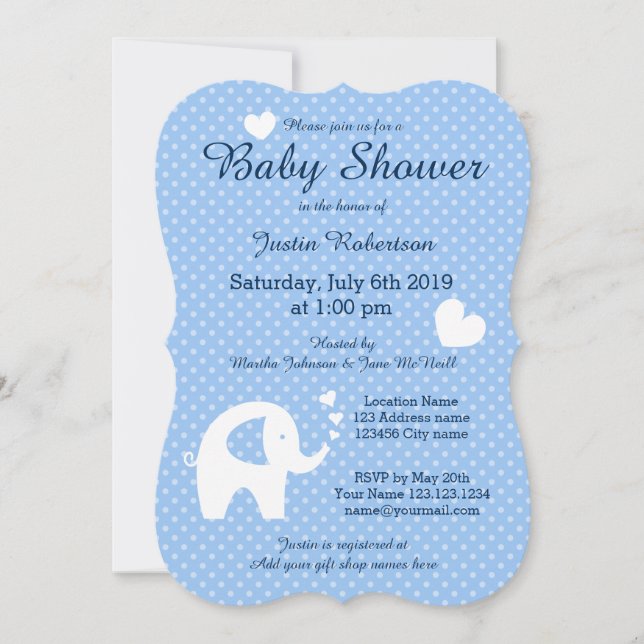 Blue and white elephant baby shower invitations (Front)