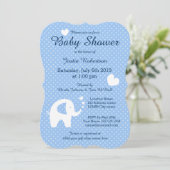 Blue and white elephant baby shower invitations (Standing Front)
