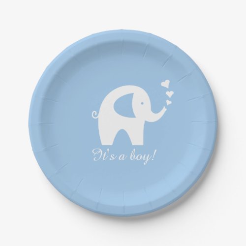 Blue and white elephant baby shower paper plates