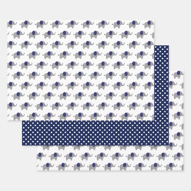 Blue and White Elephant Baby Shower Wrapping Paper Sheets (Set)