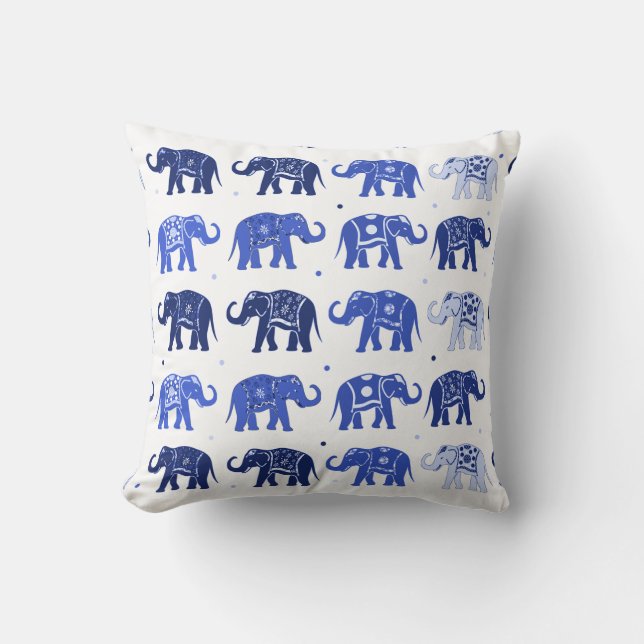 Blue and White Elephant Pattern Pillow (Front)