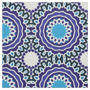 Blue and White Ethnic Bohemian Mosaic Pattern Fabric