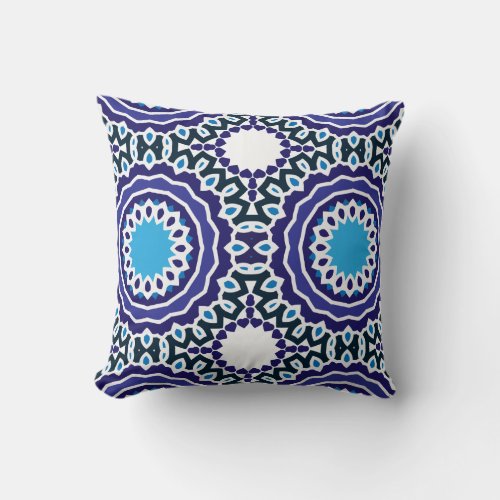 Blue and White Ethnic Bohemian Mosaic Pattern Throw Pillow