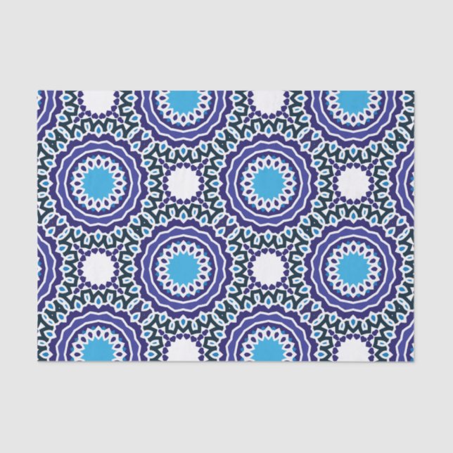 Blue and White Ethnic Bohemian Mosaic Pattern Tissue Paper (Front)